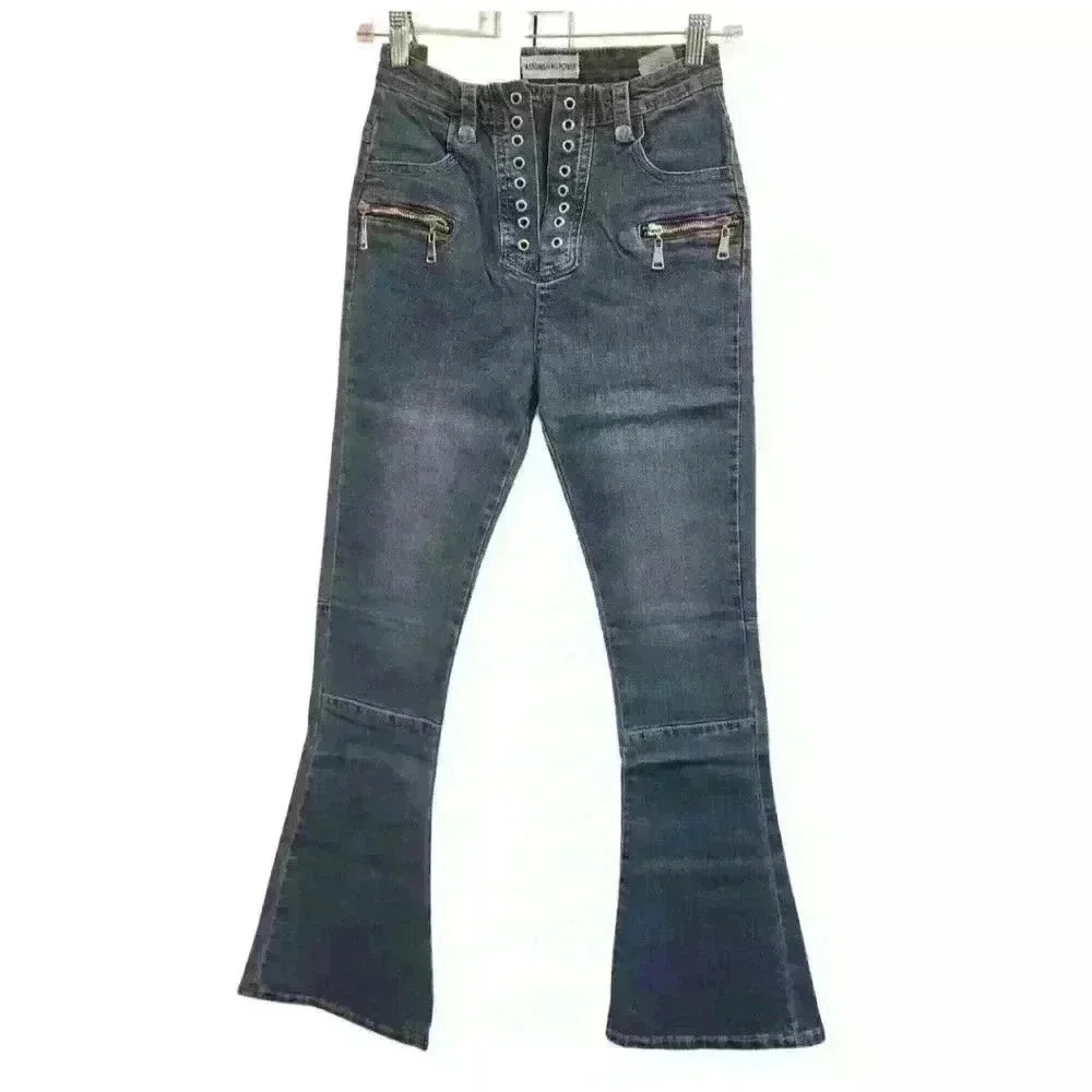 Astonishing Power Denim Lace-Up Medium Wash Bell Flare Zip-Detail Jeans